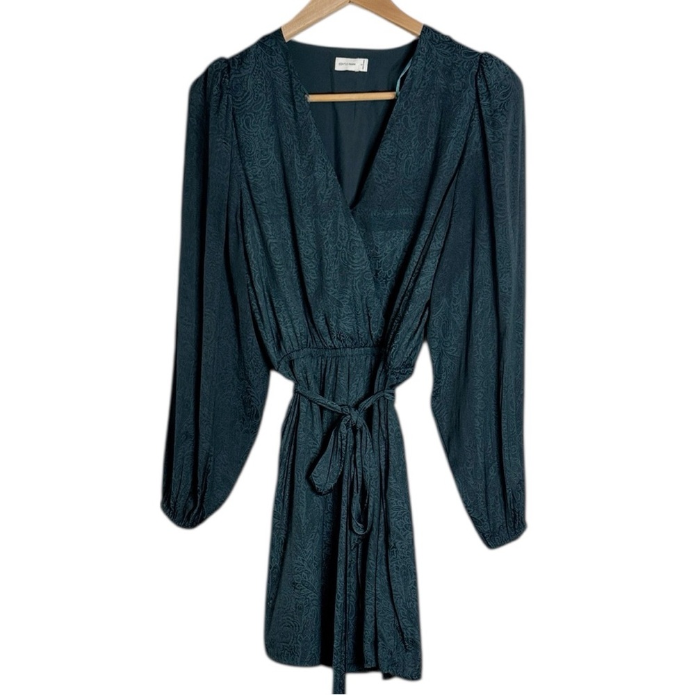 Gentle Fawn Sarina Black/Green Paisley Pattern Long Sleeve Wrap Mini Dress sz S